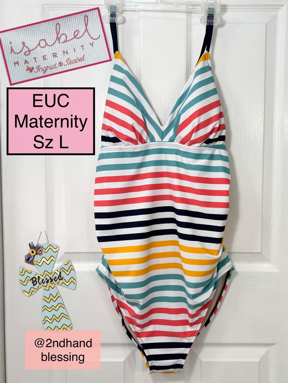 EUC Isabel Maternity One Piece Striped Swimsuit, Sz L, Rainbow, Strappy Tie Back